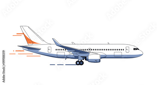 Commercial white airplane with orange accents is shown in a side view with speed lines indicating movement on a runway.