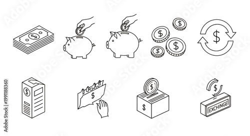 Illustration set showing money, coins, piggy banks and donation concepts for finance and savings themes.