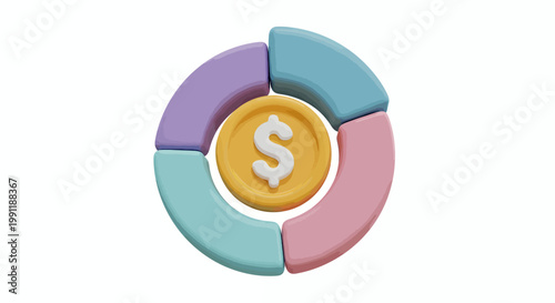 Colorful circular donut chart with a central dollar symbol representing financial data visualization and planning.