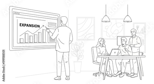 Business meeting, presentation on expansion, growth chart, team discussion