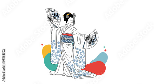 Traditional Japanese geisha in an elegant white and blue kimono performs a graceful dance with two decorative fans.