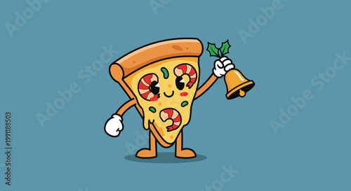 Whimsical cartoon character of a pizza slice topped with shrimp wearing gloves and ringing a golden Christmas bell.