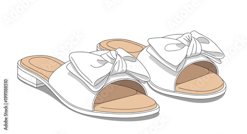 Pair of stylish white slide sandals with large decorative bows and tan soles displayed on a plain white background.