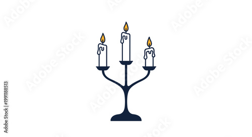 Dark blue candelabra holding three lit white candles with glowing orange flames shown in a simple line drawing style.
