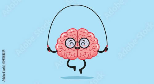 Cheerful cartoon human brain character with glasses is shown happily skipping rope on a light blue background.