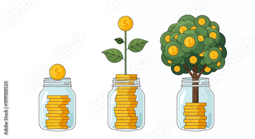 Progressive growth of savings shown in stacked coins and jars.