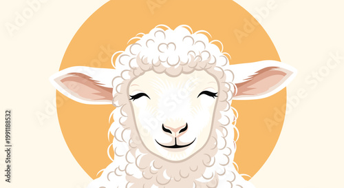 Close-up portrait of a fluffy white sheep head with a sweet smile and closed eyes against a soft orange circular background.