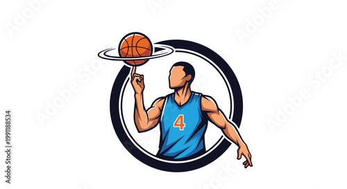Silhouette-style basketball player in a blue jersey spins a ball on his fingertip within a circular frame logo.