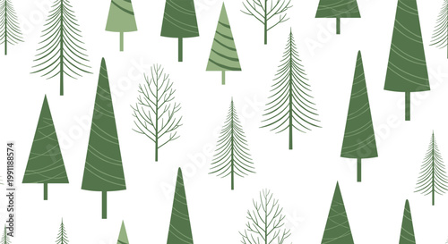 Seamless pattern of stylized green evergreen pine trees and bare winter deciduous trees arranged in a forest design on white.