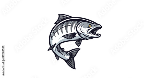 Detailed illustration of a powerful salmon jumping with its mouth open showing sharp teeth against a clean white background.