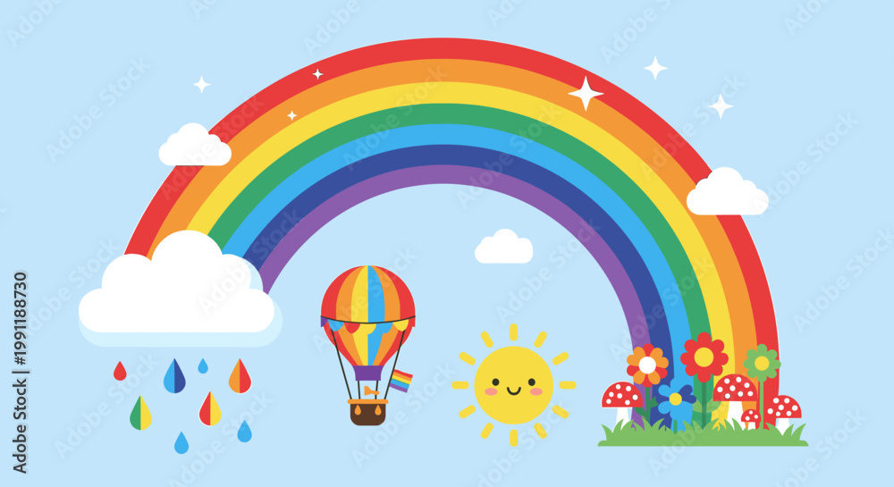 Naklejka premium A vibrant cartoon illustration featuring a colorful rainbow, a hot air balloon, a smiling sun, a cloud with raindrops, flowers, and mushrooms in a cheerful sky.