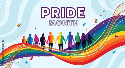 Vibrant illustration celebrating Pride Month with diverse people holding hands on a rainbow wave, symbolizing LGBTQ+ community, equality, and acceptance.
