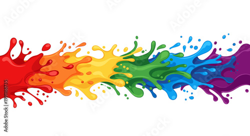 Vibrant rainbow color paint splatters creating a dynamic horizontal banner on a white background, showcasing a spectrum of hues and artistic energy.