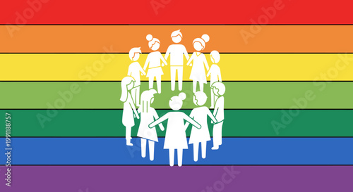 Diverse group of people holding hands in a circle on a rainbow flag background, symbolizing unity and inclusivity.