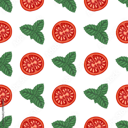 Tomato cherry slice and mint leaf vector seamless pattern. Hand drawn illustration on white background. Organic garden food for restaurant design. Natural kitchen textile for wallpaper and packaging.