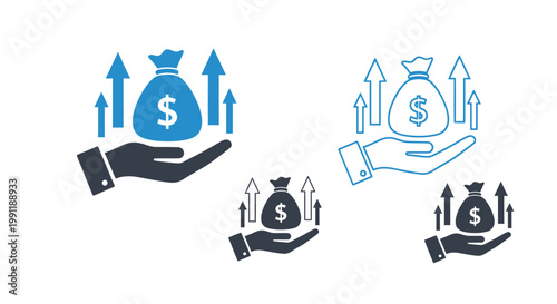 Business concept of financial growth illustrated by rising arrows and hands supporting money.