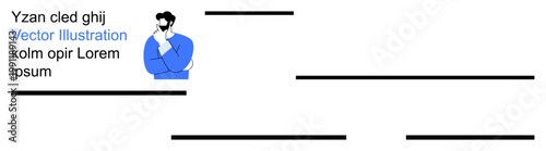 Graphic design, advertising, creative layouts, editorial design, branding, abstract concepts. A person thinking in blue paired with text and horizontal lines. Graphic design and advertising concept