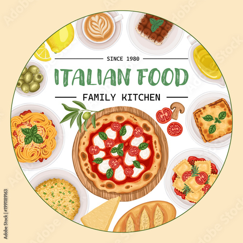 Italian food card background with pizza and spaghetti. Circle vector hand drawn illustration for cafe menu and restaurant template. Cartoon drawing with tiramisu cake for product packaging design.