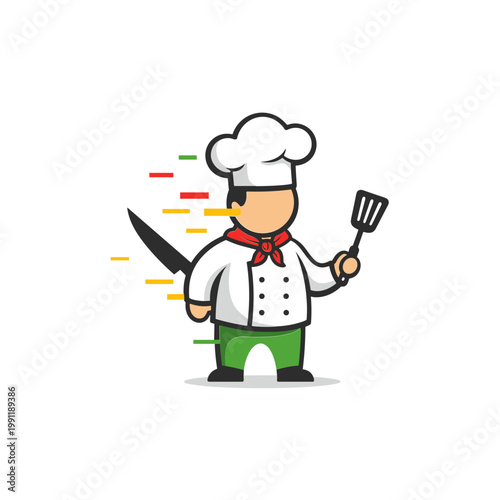 Chef Character with Spatula and Knife, Food Service, Restaurant, Cartoon Style
