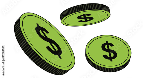 Green dollar coins scattered in motion representing financial growth and wealth.
