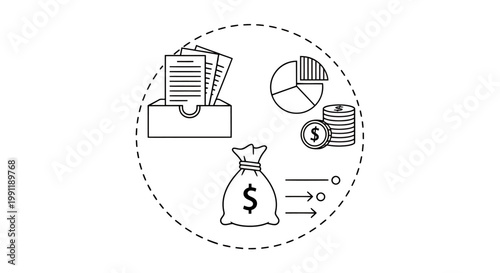 Financial business concept illustration featuring documents, graphs, coins and a money bag.