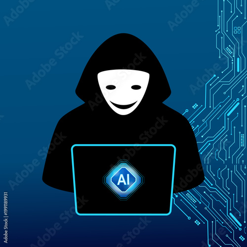 Cybersecurity threat depicting a hooded hacker using AI, artificial intelligence technology being manipulated by anonymous cybercriminals, high-tech computer circuit background