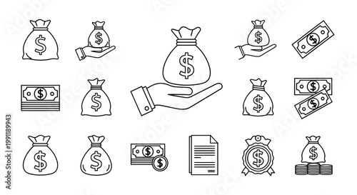 Business and Financial Icons Showing Money, Banking and Transactions for Economic Support and Commerce.
