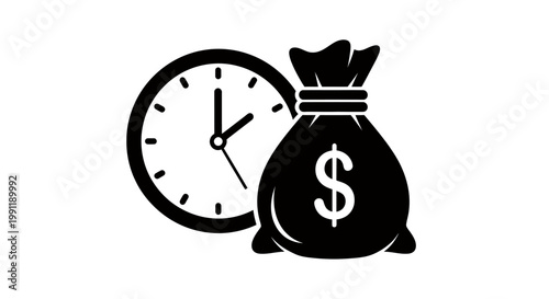 Clock and Money Bag Illustration Representing Time Is Money in Business Context.