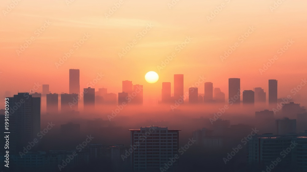 Fototapeta premium City skyline rising sun casting warm glow