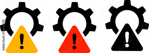 Industrial gears with warning alert symbols, mechanical maintenance fault icons indicating technical system errors, hardware troubleshooting with yellow and red exclamation marks