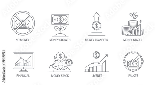 Icons Representing Money Flow, Banking, and Financial Transactions for Business and Finance Concepts.