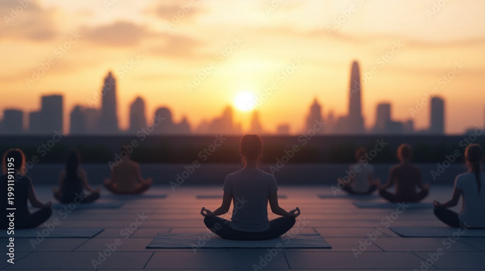 Naklejka premium Corporate wellness and urban mindfulness group yoga class at sunrise with city skyline promoting employee well-being