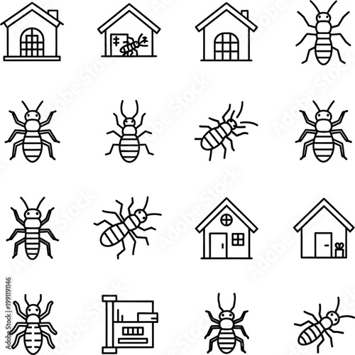 Black and white line of insects and houses beetles bugs buildings