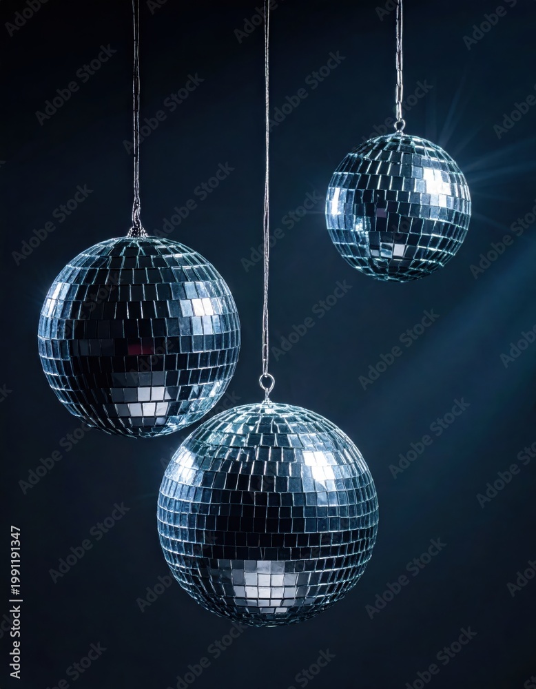 Obraz premium Hanging mirrored disco balls for party decoration, nightclub lighting effect for New Year celebration