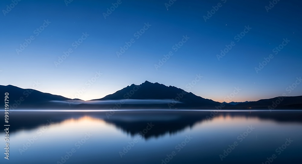 Fototapeta premium Majestic mountain peak reflected in still lake at dawn with starry sky and mist