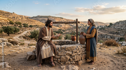 Jesus Christ speaking to the Samaritan woman at the well. Biblical scene of a man and woman in historical attire by a stone well in a desert landscape. New Testament story of faith and conversation