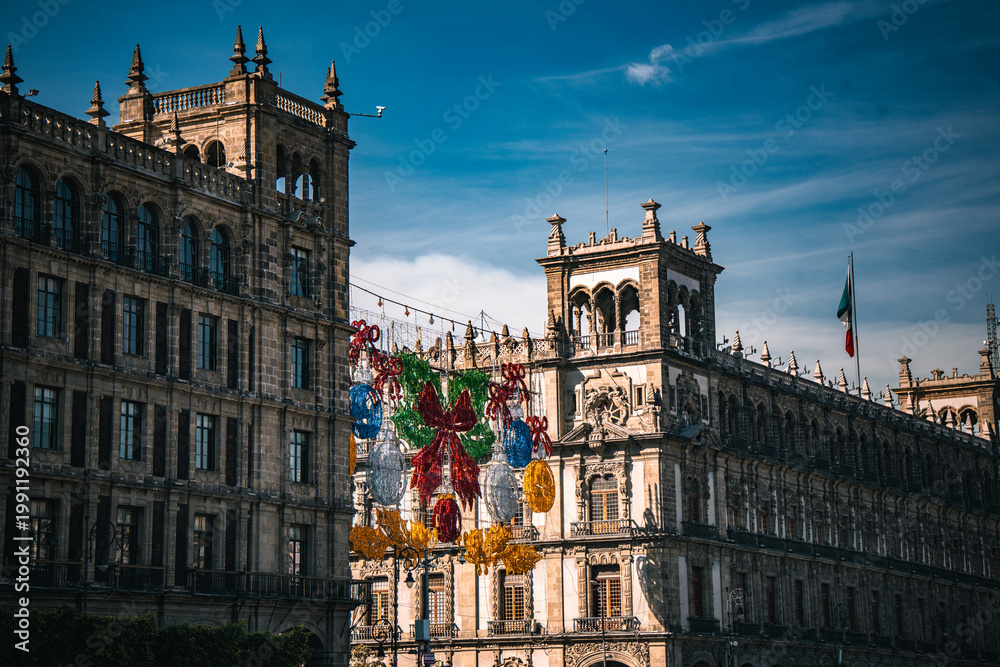 Fototapeta premium Historic government building with festive decorations in Mexico City