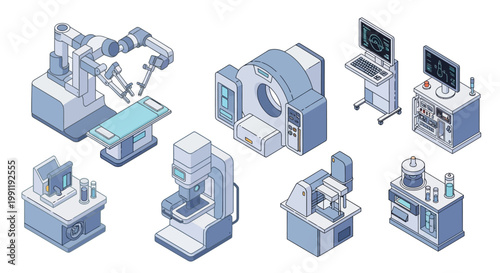 Collection of isometric medical and laboratory equipment, including robotic surgical arms, CT scanners, microscopes, and laboratory workstations, presented in a clean, modern style.