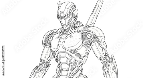 Detailed line art of a futuristic humanoid robot with advanced armor and mechanical components, sci-fi concept illustration