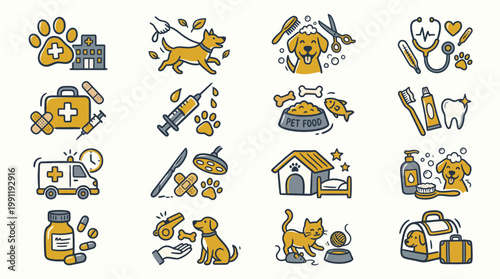 Comprehensive Set of Pet Care and Veterinary Service Icons Illustrating Animal Health, Grooming, Nutrition, and Well-being for Digital and Print Media