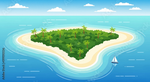Tropical island with palm trees and a sailboat in clear blue ocean