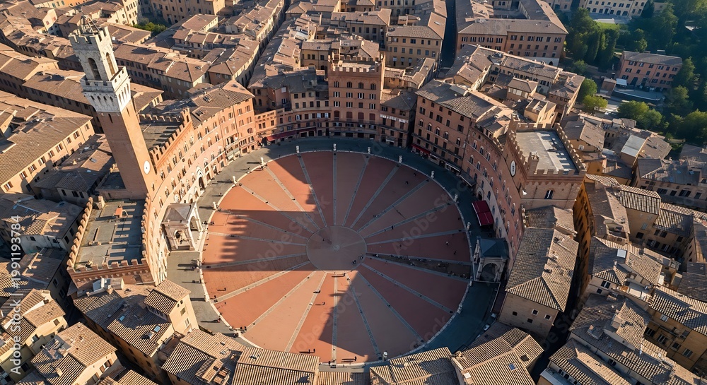 Fototapeta premium Aerial view of piazza del campo in siena, italy, featuring the iconic torre del mangia and historic medieval architecture surrounding the square