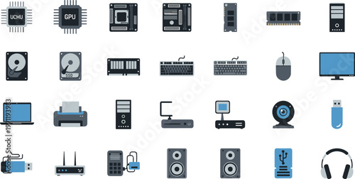 Tableau sur toile Computer hardware and peripheral device icon set with CPU GPU keyboard mouse mon