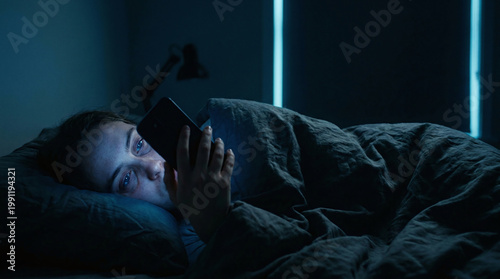 Doomscrolling and digital isolation of tired adult at night