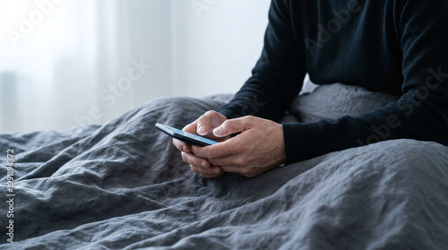 Doomscrolling and digital isolation tangled bedding and smartphone