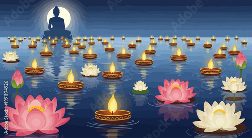 Vesak Day Night Scene – Floating Lanterns and Lotus Flowers on Water with Buddha Silhouette