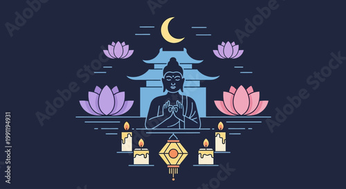 Vesak Day Line Icon Illustration – Buddha, Temple, Lotus and Candle Night Scene