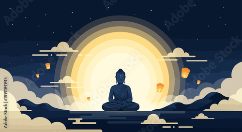 Vesak Day Illustration – Buddha Meditation with Glowing Moon and Lanterns Night Scene