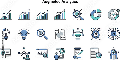 Augmented analytics and artificial intelligence vector icon set in flat outline style for data analysis machine learning and business insights