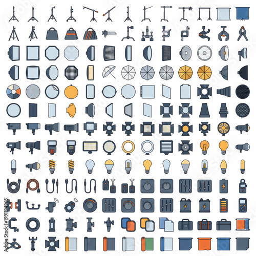 Collection of Photography Lighting Equipment and Accessories Icons.